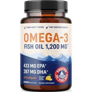 MAV Nutrition Triple Strength Omega-3 Fish Oil, 1200 mg EPA & DHA, Wild-Caught, Burpless, Sustainably Sourced, 30 Softgels