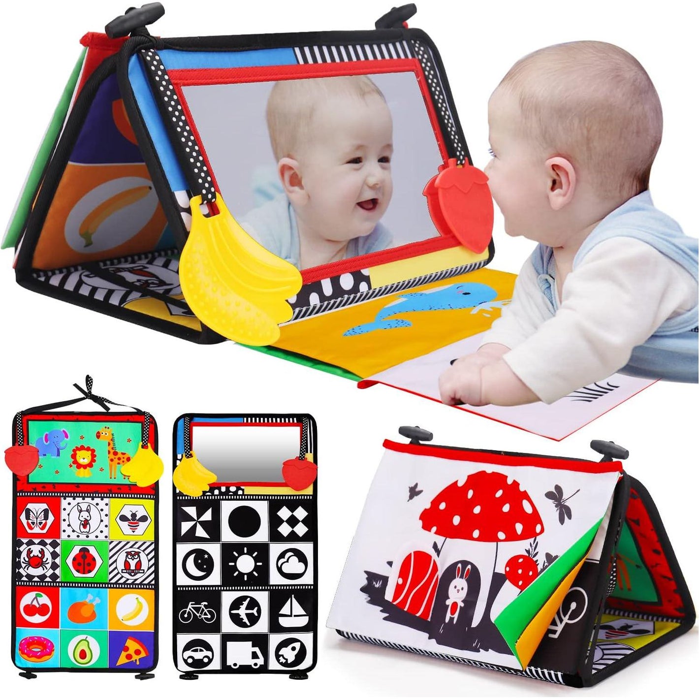 Tummy Time Baby Mirror Toy with Crinkle Book and Teether High Contrast Sensory Toy for Newborns Boys Girls 0 to 6 Months