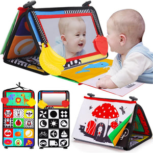 Tummy Time Baby Mirror Toy with Crinkle Book and Teether High Contrast Sensory Toy for Newborns Boys Girls 0 to 6 Months
