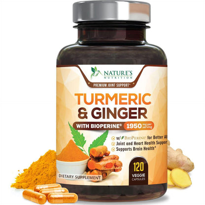 Nature's Nutrition Turmeric Curcumin Supplement, 1950mg, Organic Turmeric & Ginger, 95% Curcuminoids, 120 Capsules, Vegan Joint Support