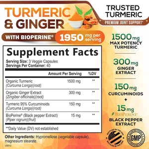 Nature's Nutrition Turmeric Curcumin Supplement, 1950mg, Organic Turmeric & Ginger, 95% Curcuminoids, 120 Capsules, Vegan Joint Support