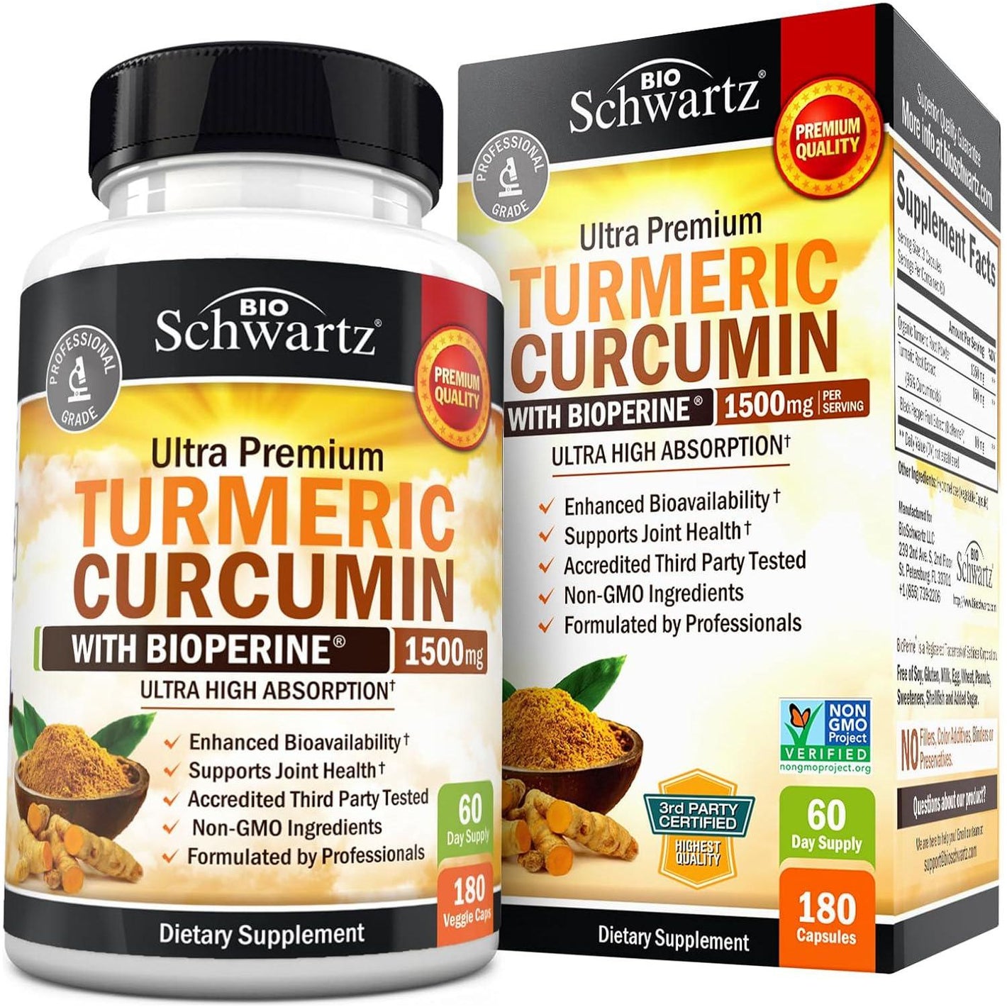 BioSchwartz Turmeric Curcumin with Black Pepper Extract, 1500mg, High Absorption, Ultra-Potent, Non-GMO, Joint Support Supplement, 180 Capsules
