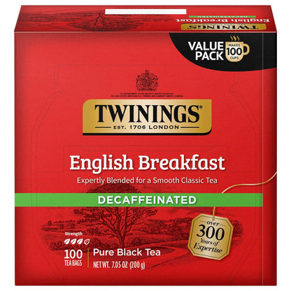 Twinings Decaffeinated English Breakfast Black Tea, Individually Wrapped Bags, 100 Count, Smooth Flavorful Black Tea, Enjoy Hot or Iced (Packaging May Vary)