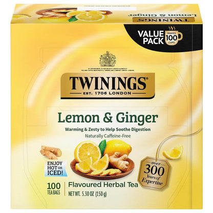 Twinings Lemon & Ginger Herbal Tea, 100 Individually Wrapped Bags, Caffeine-Free, Naturally Tangy & Spicy, Hot or Iced