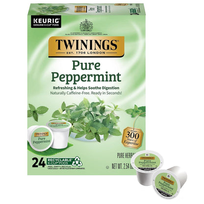 Twinings Pure Peppermint Herbal Tea K-Cup Pods for Keurig, 24 Count, Naturally Caffeine-Free, Enjoy Hot or Iced, Packaging May Vary