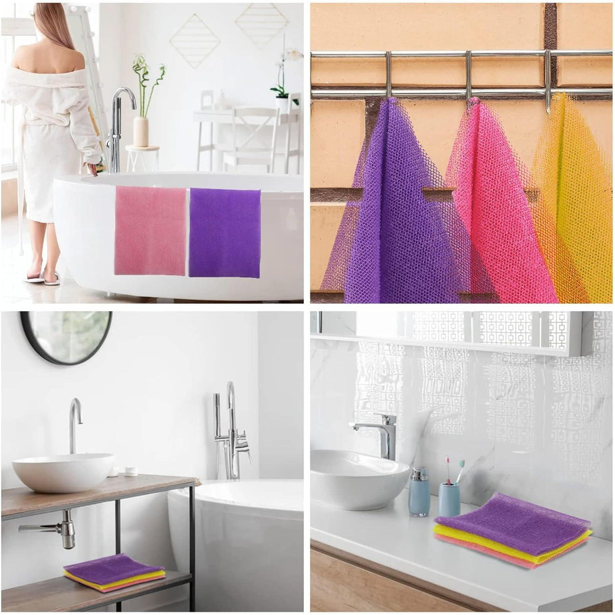 UJFQBH 3 Pieces African Bath Sponge African Net Long Net Bath Sponge Exfoliating Shower Body Scrubber Back Scrubber Skin Smoother,Great For Daily Use (Pink,Yellow,Purple),