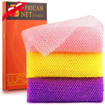 UJFQBH 3 Pieces African Bath Sponge African Net Long Net Bath Sponge Exfoliating Shower Body Scrubber Back Scrubber Skin Smoother,Great For Daily Use (Pink,Yellow,Purple),