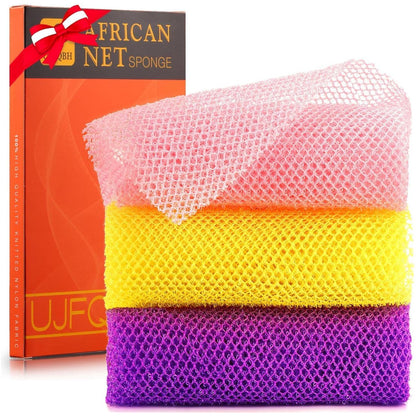 UJFQBH 3 Pieces African Bath Sponge African Net Long Net Bath Sponge Exfoliating Shower Body Scrubber Back Scrubber Skin Smoother,Great For Daily Use (Pink,Yellow,Purple),