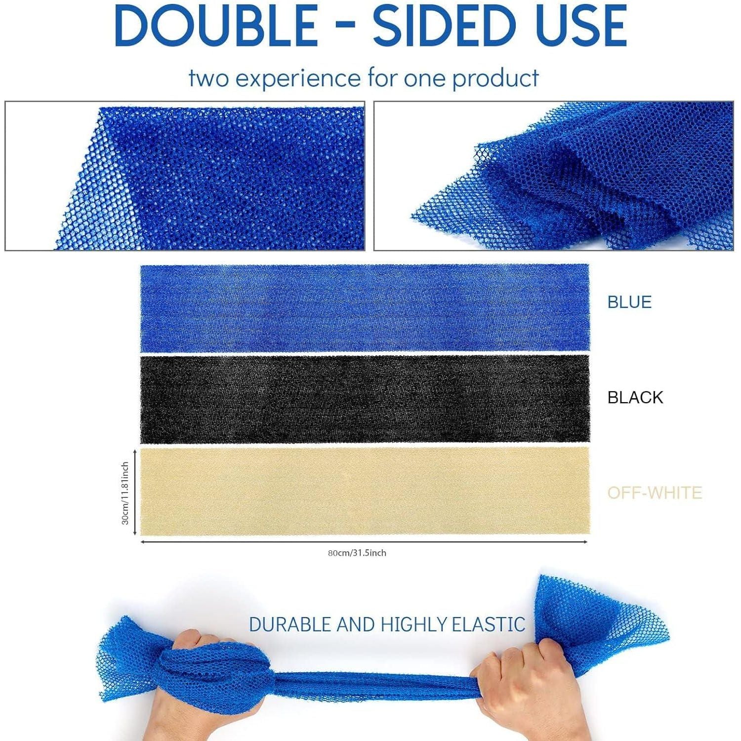 UJFQBH 3 Pieces African Bath Sponge African Net Long Net Bath Sponge Exfoliating Shower Body Scrubber Back Scrubber Skin Smoother,Great For Daily Use(Blue,Black,Off-White),
