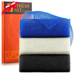 UJFQBH 3 Pieces African Bath Sponge African Net Long Net Bath Sponge Exfoliating Shower Body Scrubber Back Scrubber Skin Smoother,Great For Daily Use(Blue,Black,Off-White),
