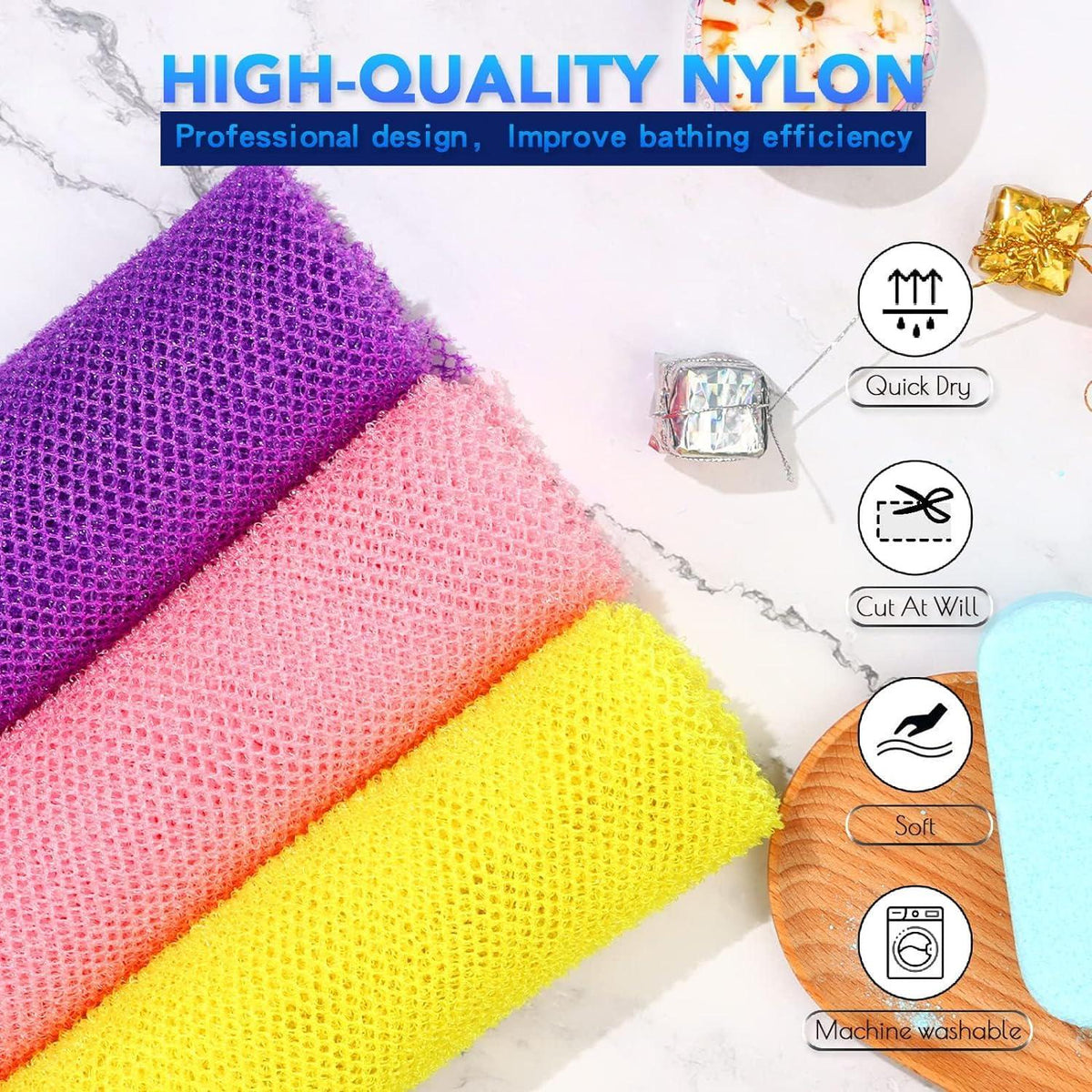UJFQBH 3 Pieces African Bath Sponge African Net Long Net Bath Sponge Exfoliating Shower Body Scrubber Back Scrubber Skin Smoother,Great For Daily Use (Pink,Yellow,Purple),