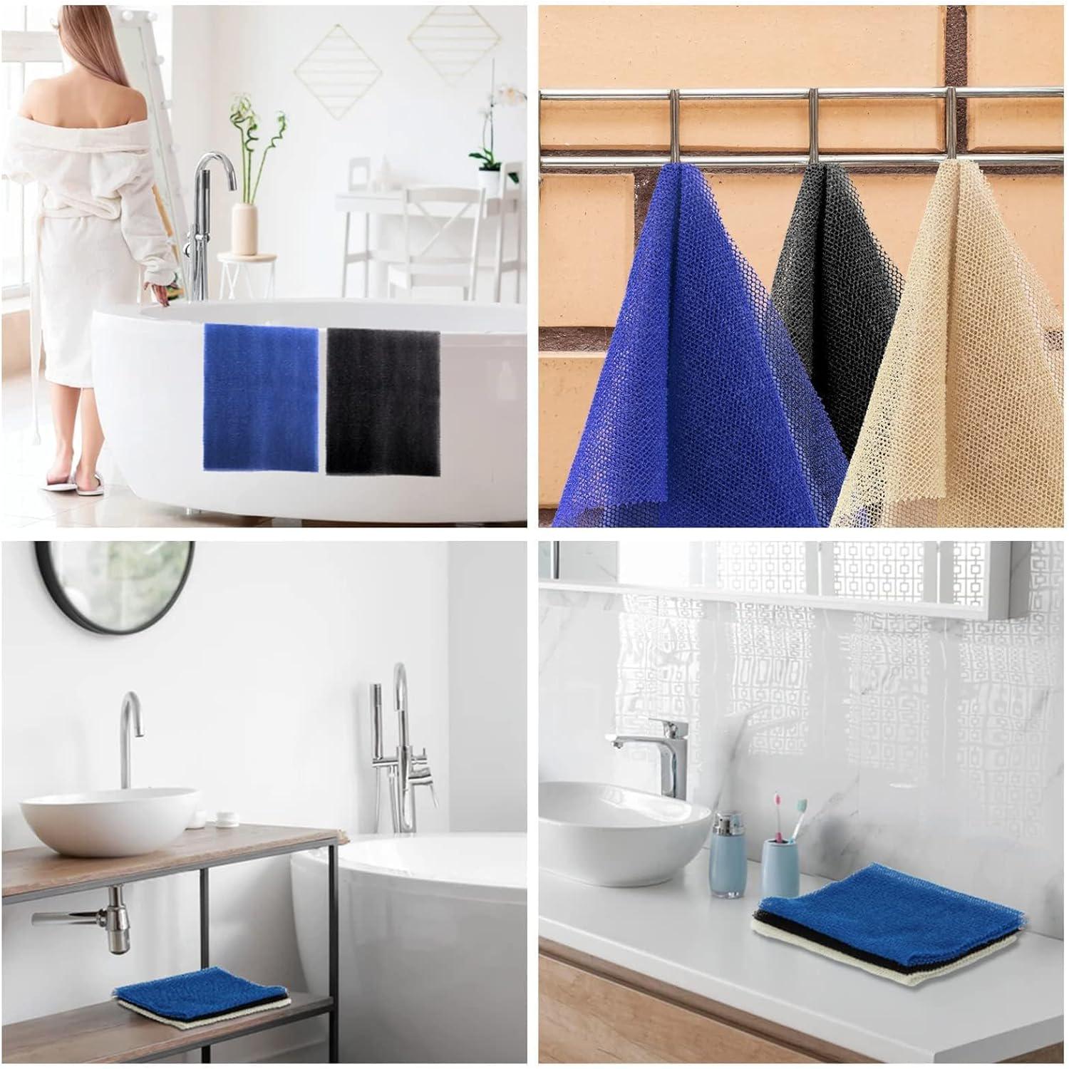 UJFQBH 3 Pieces African Bath Sponge African Net Long Net Bath Sponge Exfoliating Shower Body Scrubber Back Scrubber Skin Smoother,Great For Daily Use(Blue,Black,Off-White),