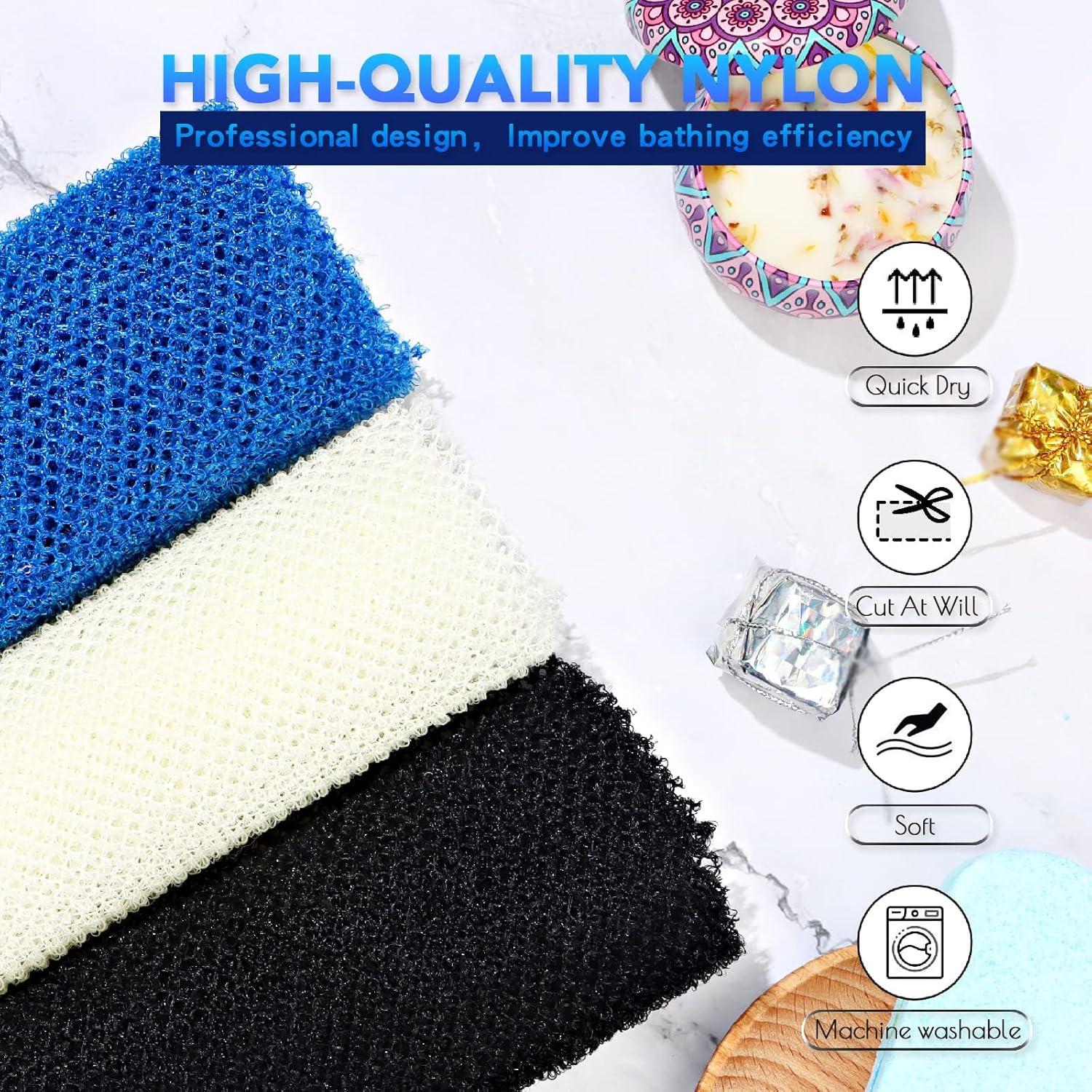 UJFQBH 3 Pieces African Bath Sponge African Net Long Net Bath Sponge Exfoliating Shower Body Scrubber Back Scrubber Skin Smoother,Great For Daily Use(Blue,Black,Off-White),