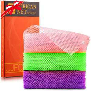 UJFQBH 3 Pieces African Bath Sponge African Net Long Net Bath Sponge Exfoliating Shower Body Scrubber Back Scrubber Skin Smoother,Great For Daily Use (Purple Pink Green),
