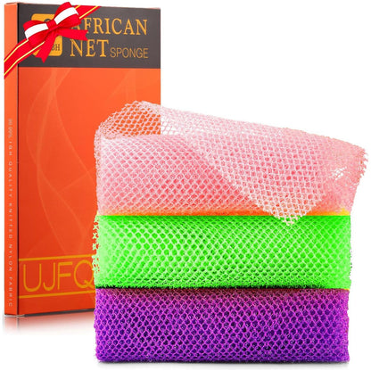 UJFQBH 3 Pieces African Bath Sponge African Net Long Net Bath Sponge Exfoliating Shower Body Scrubber Back Scrubber Skin Smoother,Great For Daily Use (Purple Pink Green),