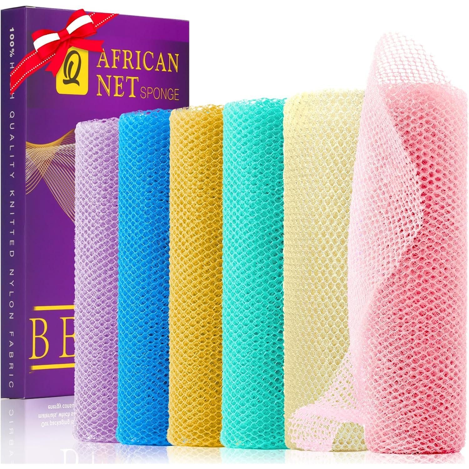UJFQBH 6 Pieces African Net Sponge Long Bath Sponge Exfoliating Shower Body Scrubber For Daily Use, Terrific For Smoother Skin - Back Scrubber For A Refreshing Experience (Purple - Orange),