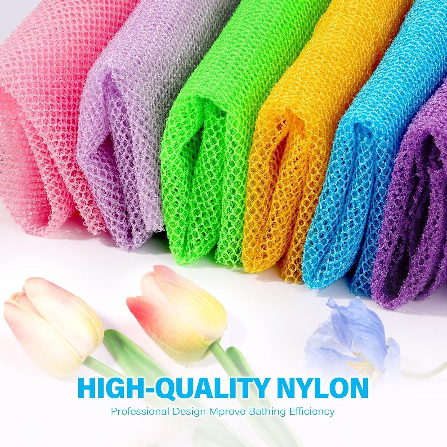 UJFQBH 6 Pieces African Bath Sponge African Net Long Net Bath Sponge Exfoliating Shower Body Scrubber Back Scrubber Skin Smoother,Great For Daily Use (Purple, Purple, Pink, Orange, Blue, Green),
