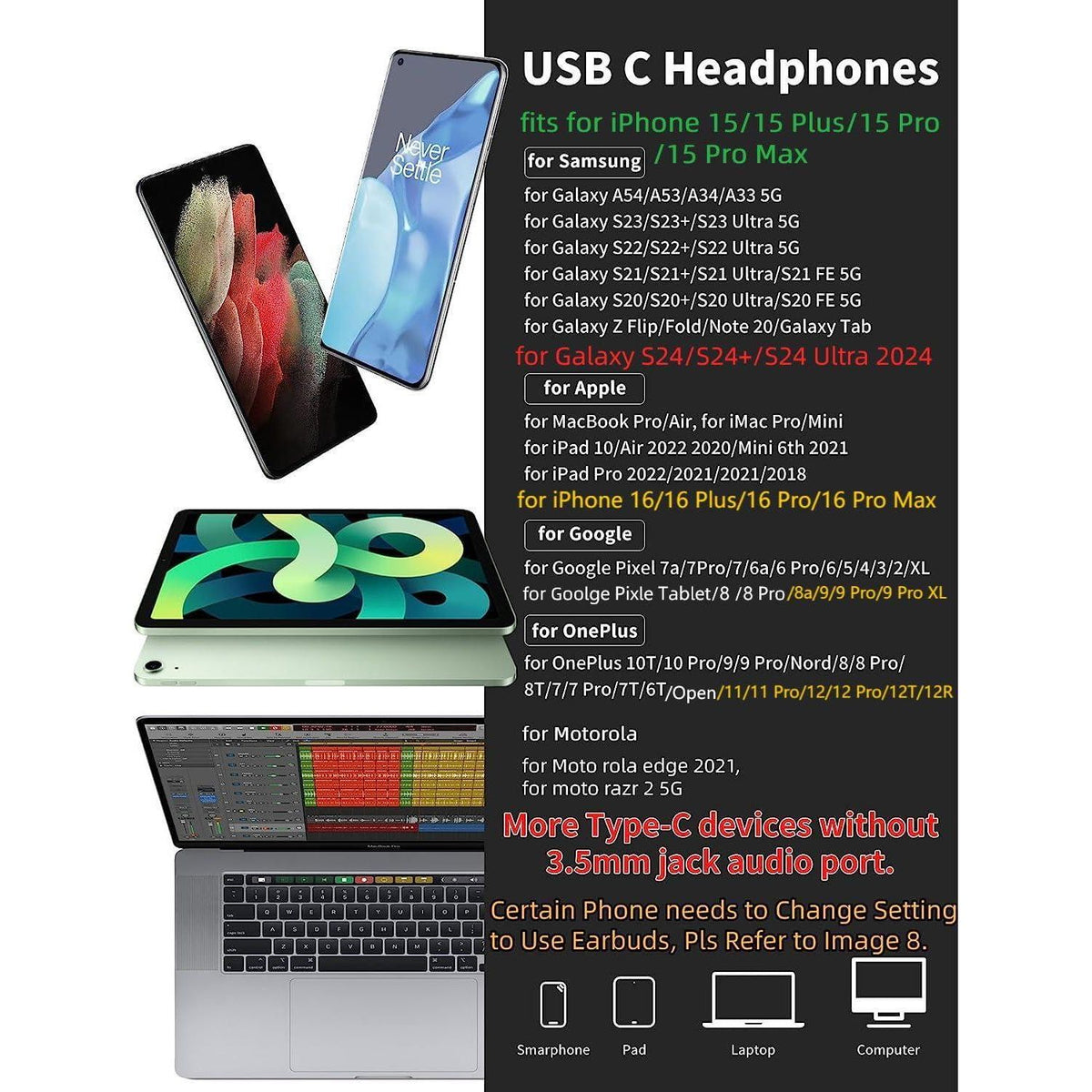USB C Headphone For Samsung S23 FE S22 S21 S20 A53 A54 Wired Earbuds Magnetic In-Ear Type C Earphone With Microphone Volume Control Bass Stereo Noise Canceling For IPhone 15 Pro Max Pixel 6 6a 7a 8 5,