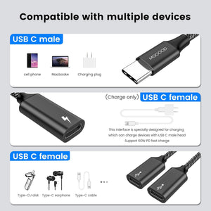USB C To Dual USB C Female Adapter, 2 Ports, Not For Monitor And Charging, Incredibly Durable, Super Fit, 5V/0.9A Power Output,727376352228