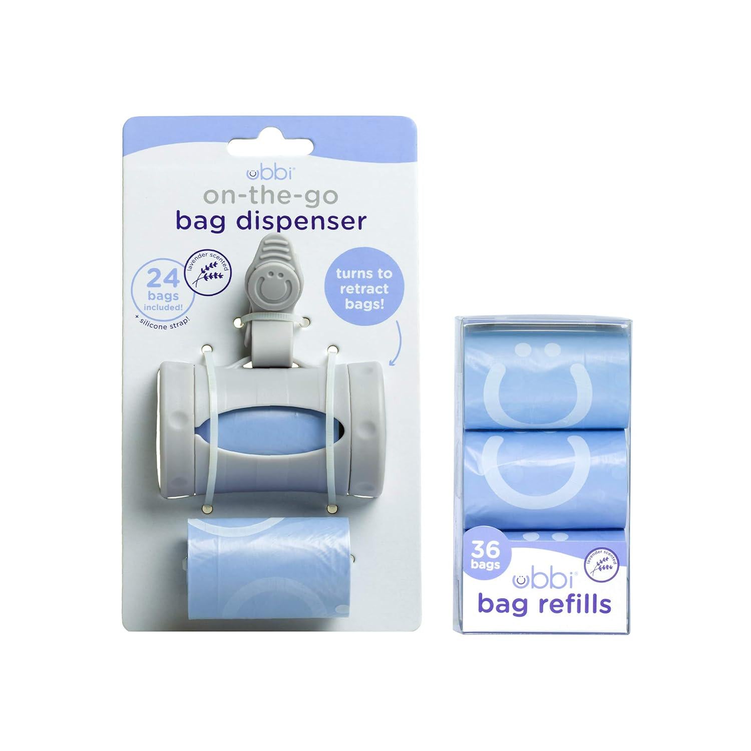 Ubbi On The Go Gray Bag Dispenser And Waste Disposal Bags Refill, Lavender Scented, Baby Savings Bundle,698904101710