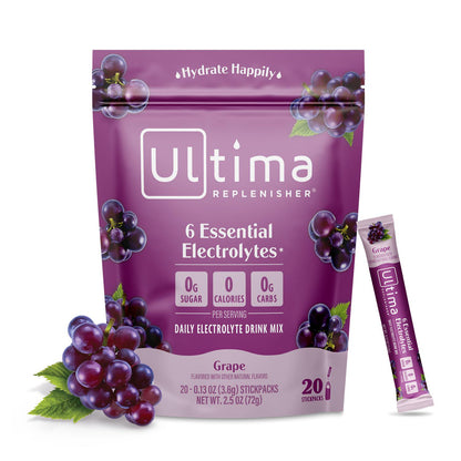 Ultima Replenisher Ultima Replenisher Daily Electrolyte Powder Drink Mix Grape, 20 Stickpacks Hydration Packets With 6 Key Electrolytes And Trace Minerals Keto Friendly, Vegan, Non-GMO And Sugar-Free