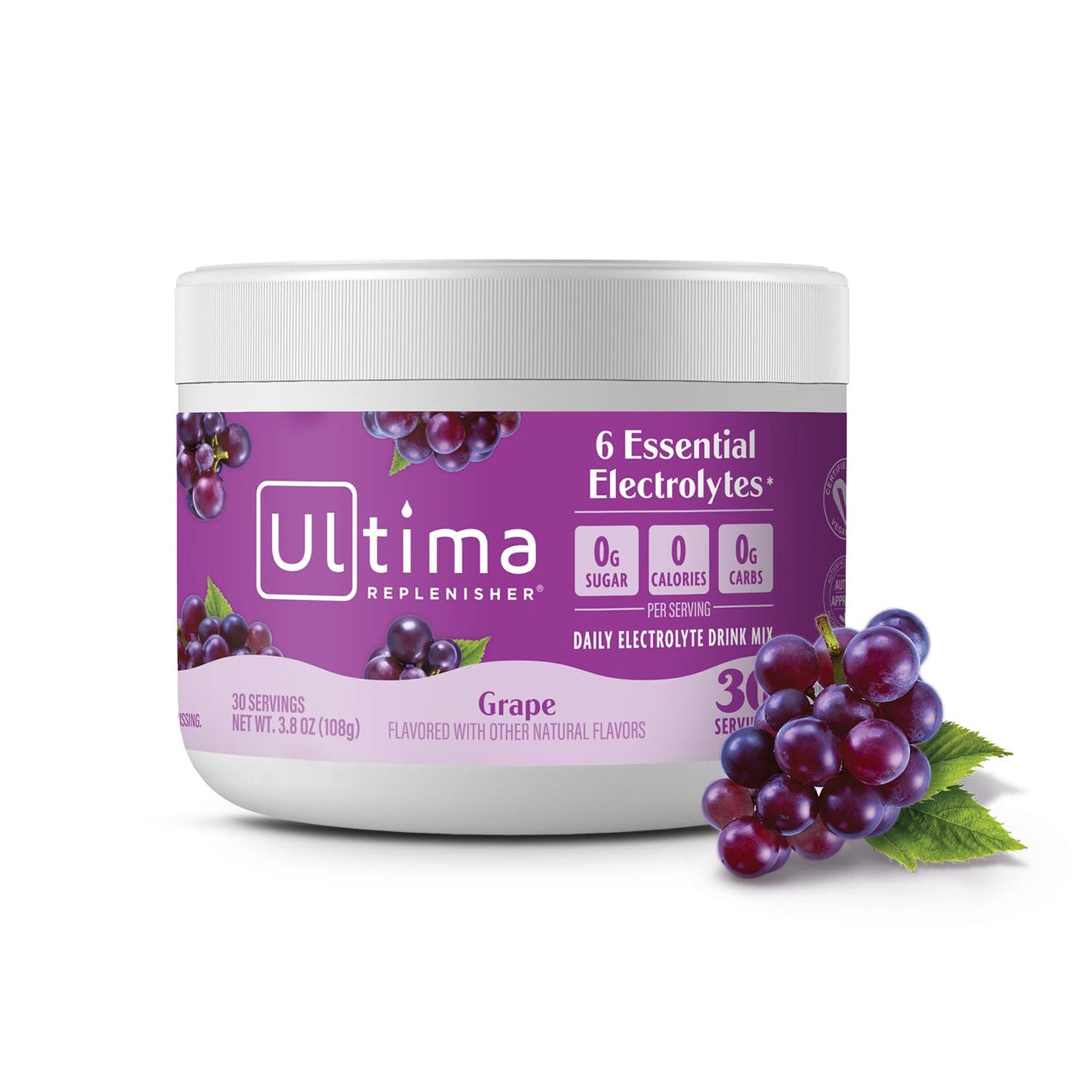 Ultima Replenisher Daily Electrolyte Powder Drink Mix, Grape, 30 Servings, Hydration with 6 Key Electrolytes, Keto-Friendly, Vegan, Non-GMO, Sugar-Free
