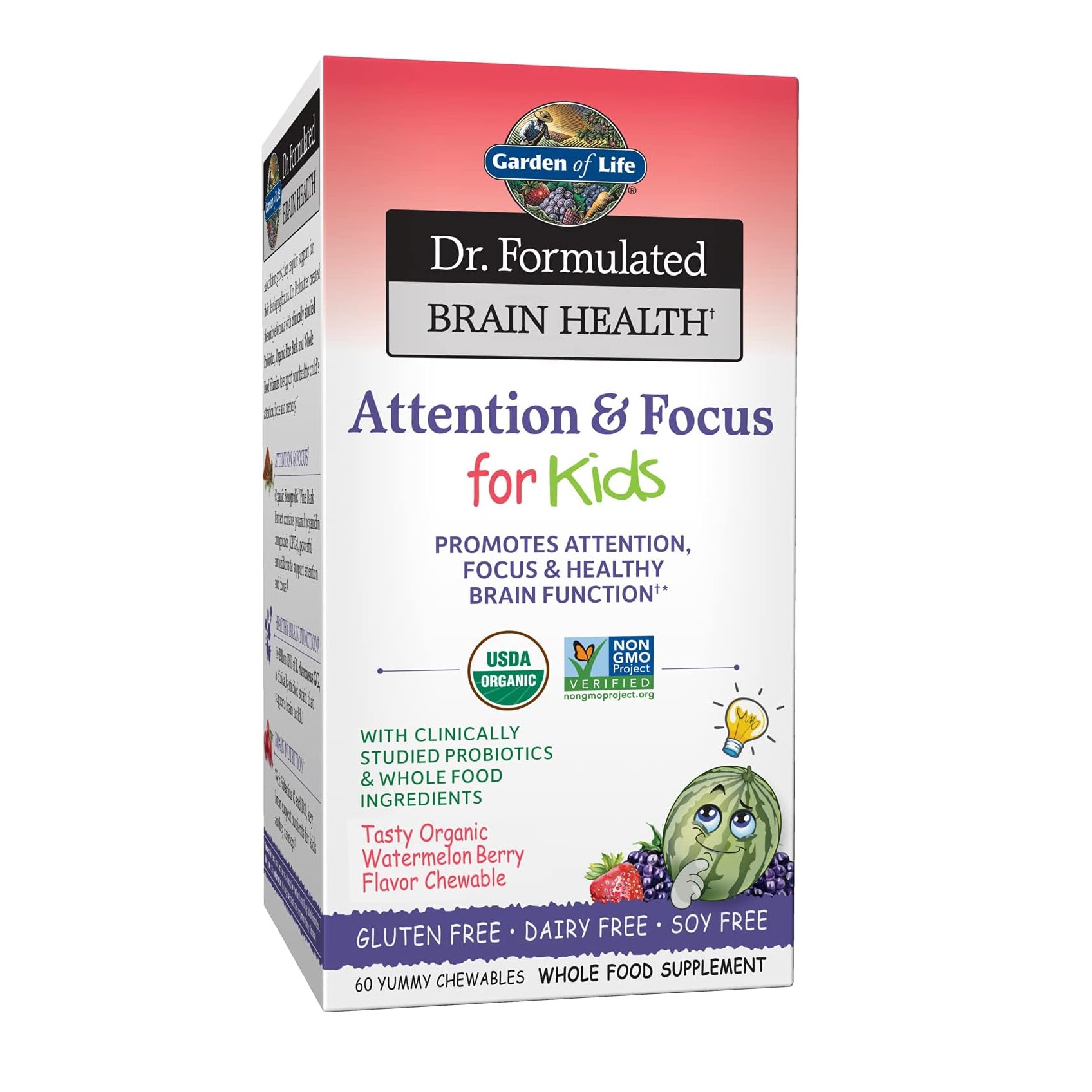 Garden Of Life Dr. Formulated Brain Health Attention & Focus For Kids Watermelon Berry 60 Chewables,658010120715,