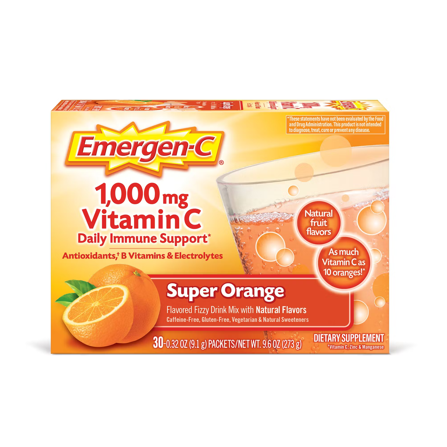 Emergen-C 1000mg Vitamin C Super Orange 273g (Pack Of 30) 9.1g Each