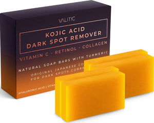 VALITIC VALITIC Kojic Acid Dark Spot Remover Soap Bars With Vitamin C, Retinol, Collagen, Turmeric - Original Japanese Complex Infused Hyaluronic Acid, E, Shea Butter, Castile Olive Oil (4 Pack)