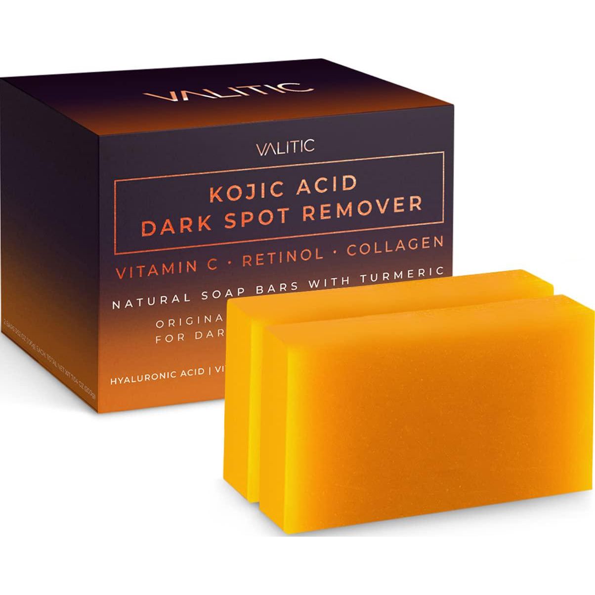 VALITIC VALITIC Kojic Acid Dark Spot Remover Soap Bars With Vitamin C, Retinol, Collagen, Turmeric - Original Japanese Complex Infused With Hyaluronic Acid, Vitamin E, Shea Butter, Castile Olive Oil (2 Pack)