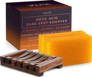 VALITIC VALITIC Kojic Acid Dark Spot Remover Soap Bar With Vitamin C,Retinol,Collagen,Turmeric - Original Japanese Complex Hyaluronic Acid,E,Shea Butter,Castile Oil (2 Pack) With Holder,Pack Of 3,3.5 Ounces