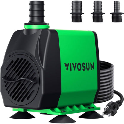 Vivosun Submersible Water Pump 800GPH 24W 10ft Lift 6.5ft Cord 3 Nozzles for Pond Tank Hydroponics Green