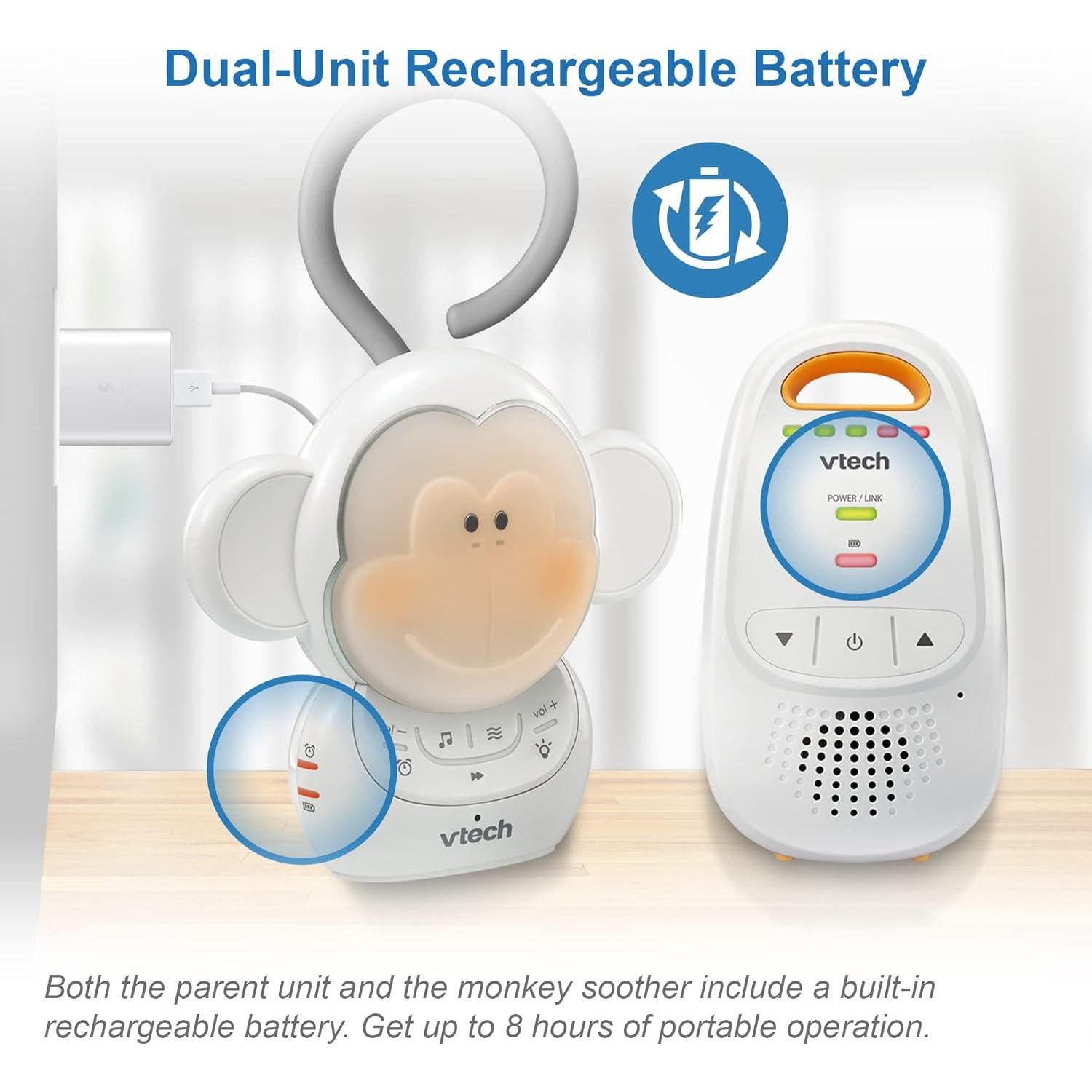VTech DM1411 Audio Baby Monitor And Portable Soother Dual-Unit Rechargeable Battery, Long Range, Soft-Glow Night Light, Soothing Sounds And Lullabies, Digital Wireless Transmission, Sound Indicator,