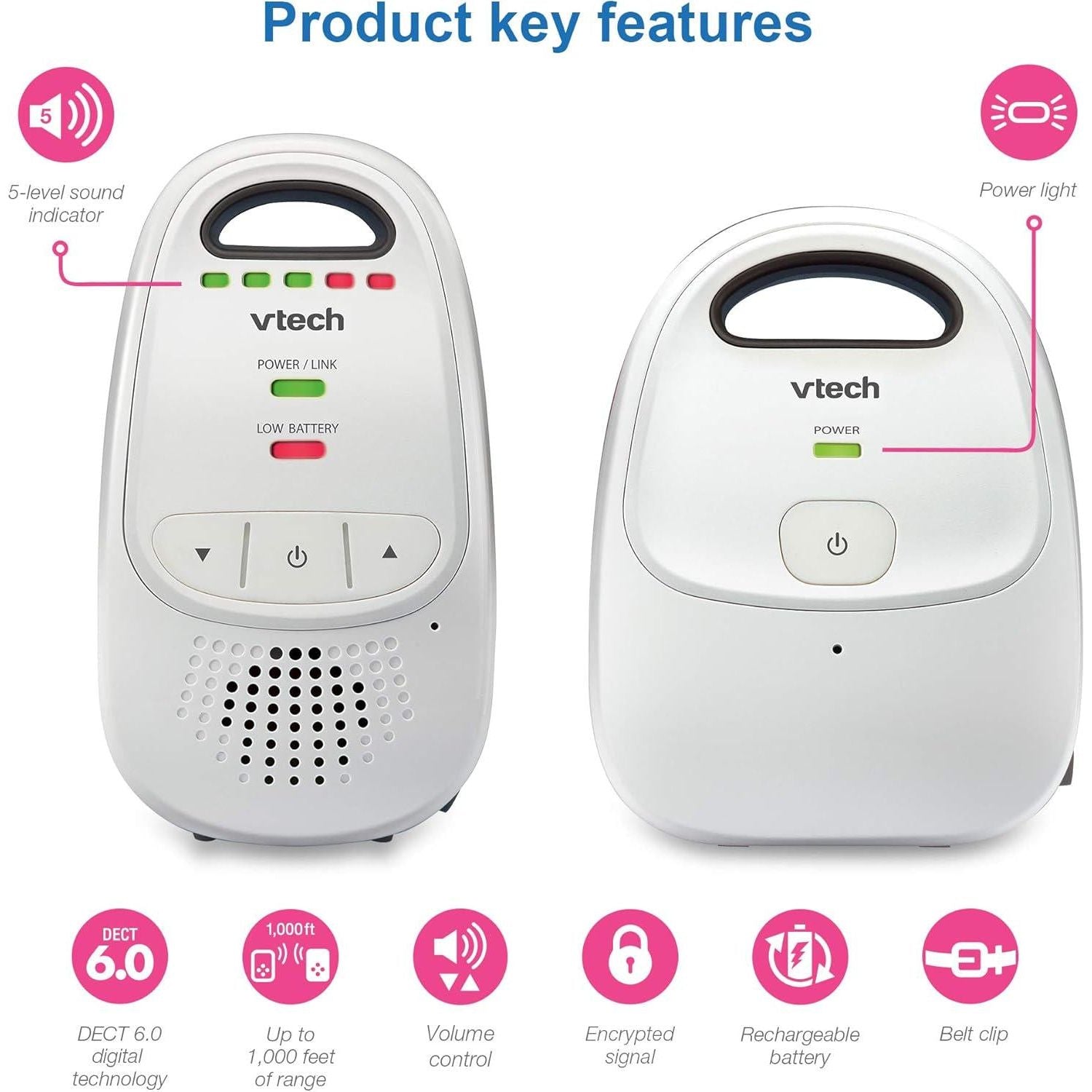 VTech Upgraded Baby Monitor With Rechargeable Battery, Long Range, Crystal-Clear Sound, And Alerts,