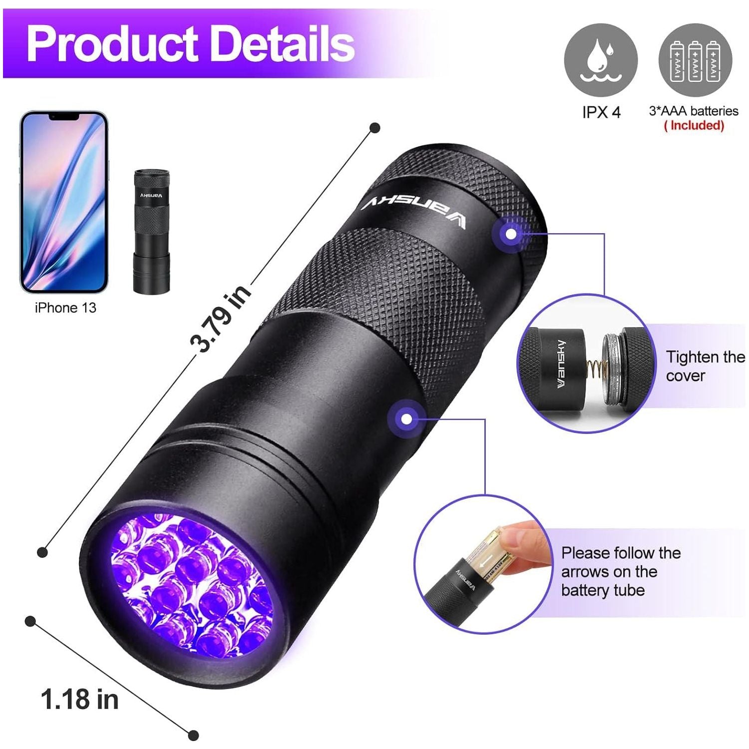 Vansky Black Light UV Flashlight Blacklight 12 LED Urine Detector For Dog/Cat/Pet Urine And Dry Stains And Bed Bug On Carpets/Rugs/Floor,Matching With Pet Odor Eliminator,