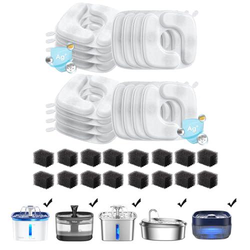 Veken Cat Water Fountain Filter Set Includes 16 Replacement Filters and 16 Pre Filter Sponges for Pet Fountains