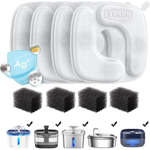 Veken Cat Water Fountain Filters 4-Pack + 4 Pre-Filter Sponges, Compatible with 50/84/95oz Pet Fountain