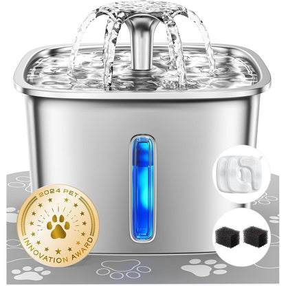Veken Stainless Steel Cat Water Fountain, 95?oz Auto Pet Fountain, Silver, Award-Winner, With Filters & Silicone Mat