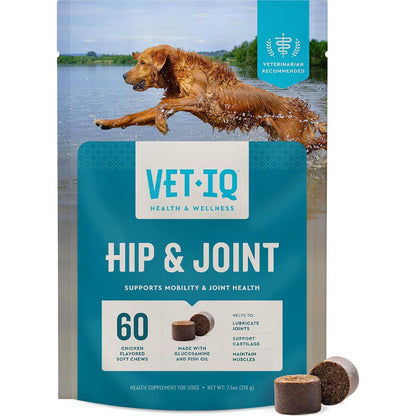 VetIQ Hip and Joint Soft Chews for Dogs 60 Count Chicken Flavor with Glucosamine MSM and Krill for Mobility and Inflammation