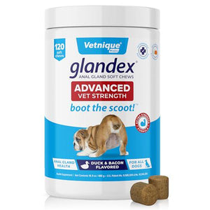 Vetnique Glandex Boot the Scoot Anal Gland Chews for Dogs, Pumpkin Fiber, Duck & Bacon, 120 Ct