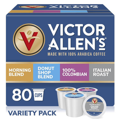 Victor Allen’s Coffee Variety Pack, Morning Blend, 100% Colombian, Donut Shop Blend, Italian Roast, 80 K-Cup Pods