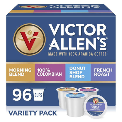 Victor Allen’s Coffee Variety Pack, Morning Blend, 100% Colombian, Donut Shop Blend & French Roast, 96 K-Cup Pods