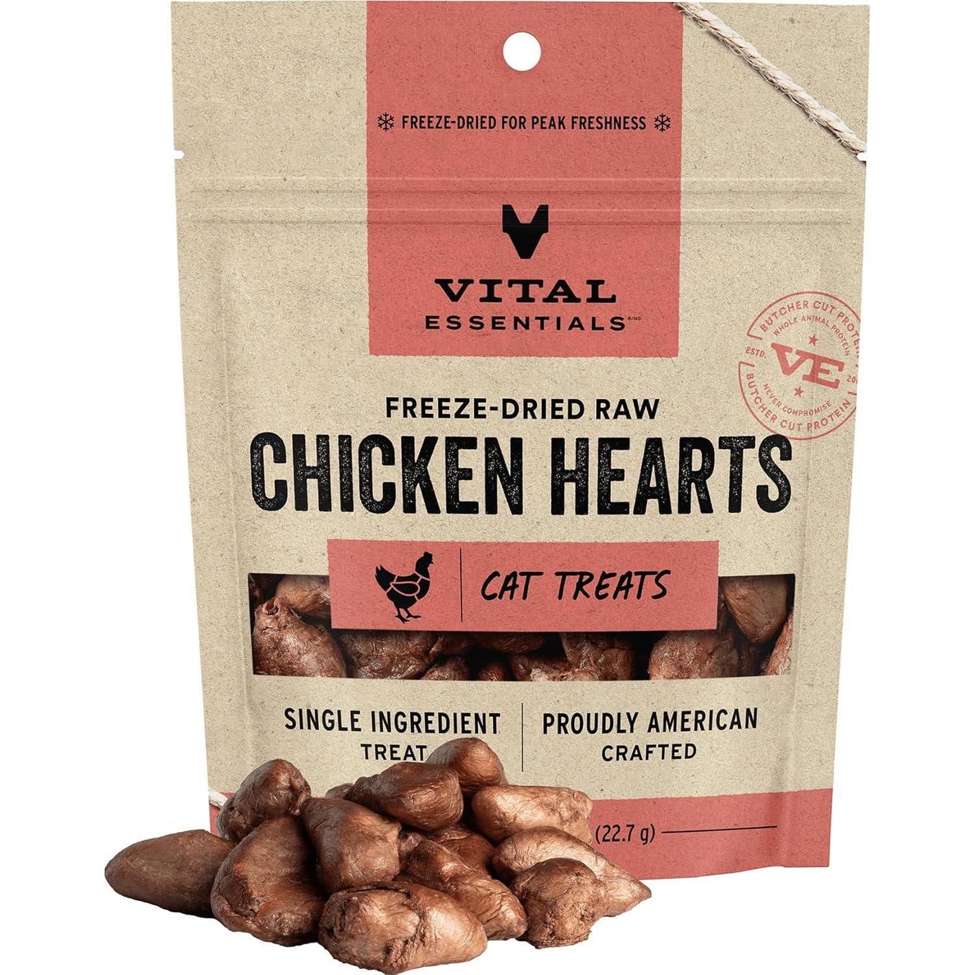 Vital Essentials Freeze-Dried Chicken Hearts Cat Treats, 1 oz, Grain-Free, Gluten-Free, High Protein