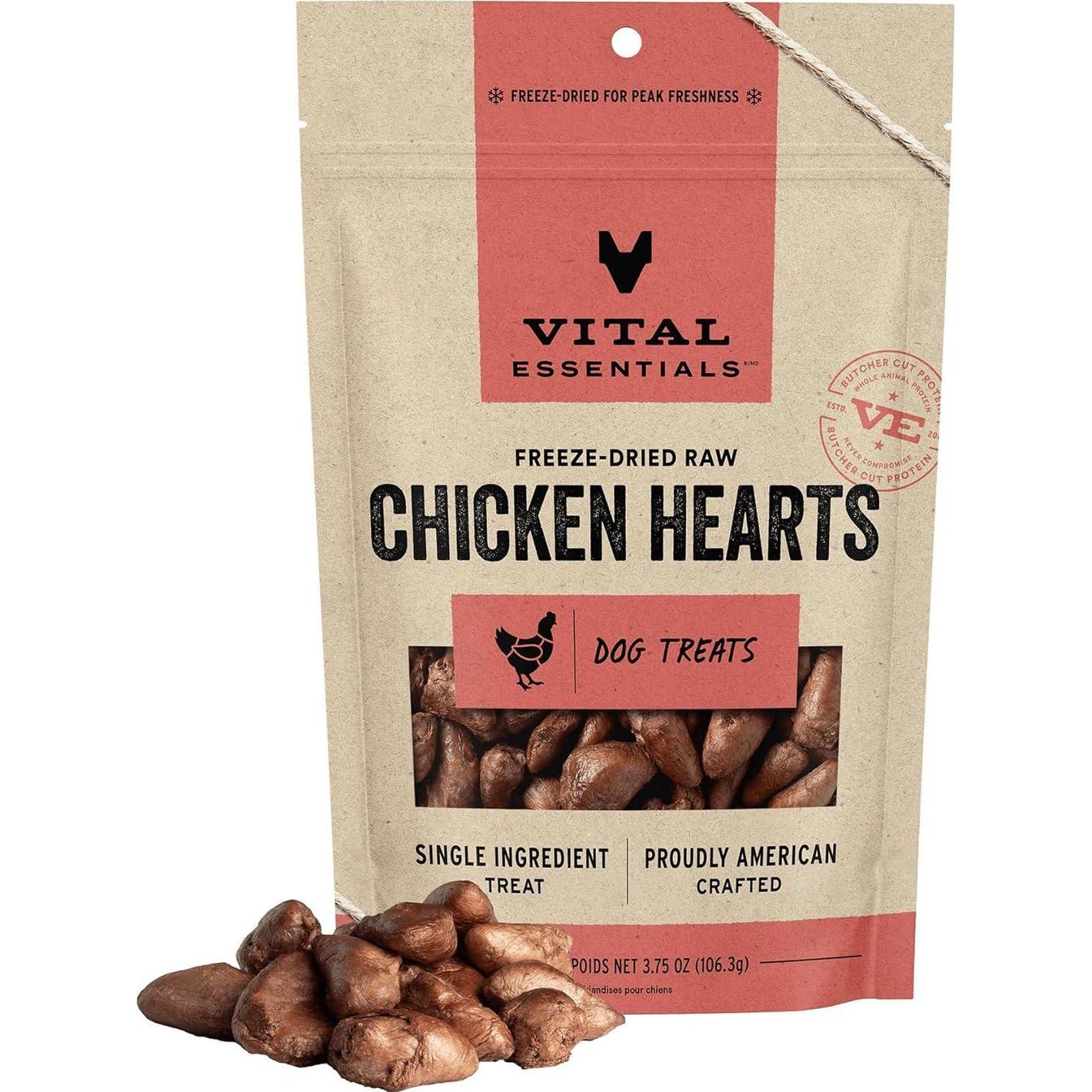 Vital Essentials Chicken Hearts Dog Treats, 3.75 oz, Freeze-Dried, Single-Ingredient, Meal Topper or Snack