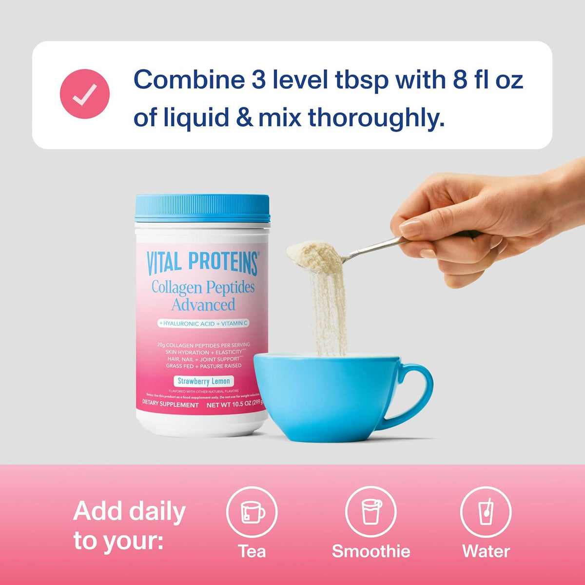 Vital Proteins Collagen Peptides, Advanced Hydrolyzed Peptides with Hyaluronic Acid & Vitamin C, Strawberry Lemon Flavor, 105 oz Powder