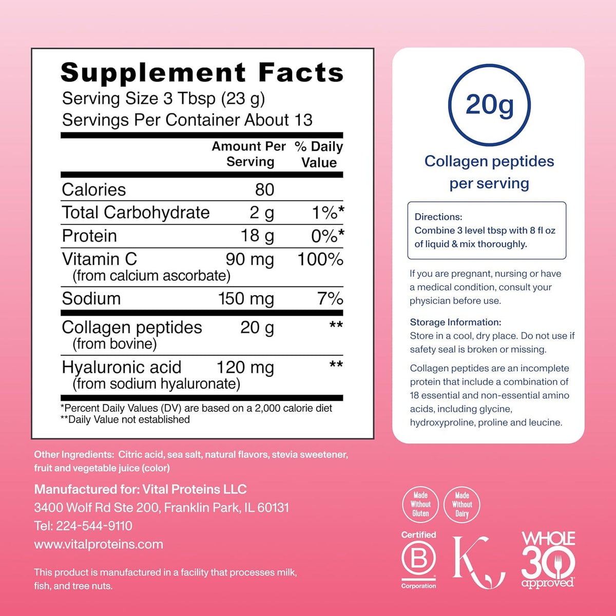 Vital Proteins Collagen Peptides, Advanced Hydrolyzed Peptides with Hyaluronic Acid & Vitamin C, Strawberry Lemon Flavor, 105 oz Powder