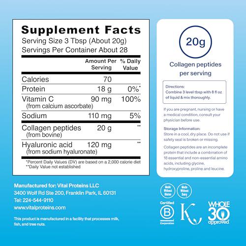 Vital Proteins Collagen Peptides Powder with Vitamin C and Hyaluronic Acid 20 oz