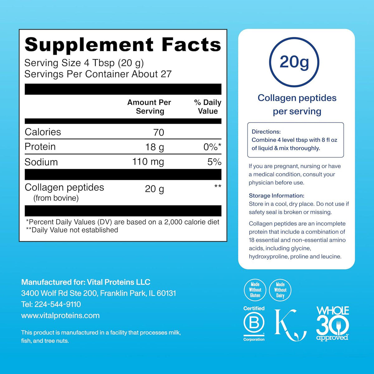 Vital Proteins Grass Fed Collagen Peptides Powder, Supports Hair, Skin, Nails, Bones, And Joints Health, Hydrolyzed Peptides - Zero Sugar, Unflavored, 19.3oz,