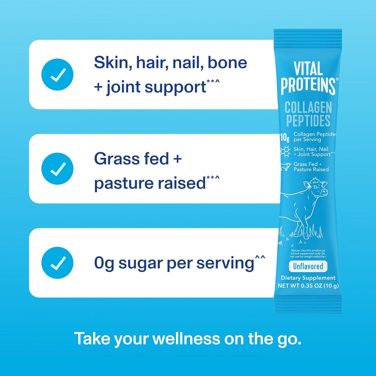 Vital Proteins Grass Fed Collagen Peptides Powder Supplement (Type I, III) Travel Packs, Hydrolyzed Collagen For Skin Hair Nail Joint - 10g Per Serving - Unflavored (20ct Per Box),