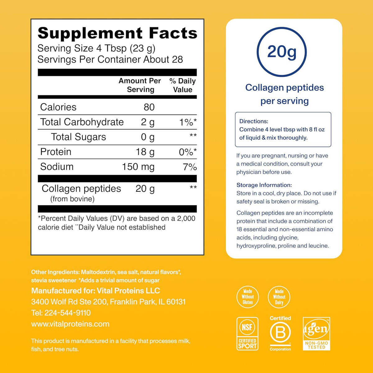 Vital Proteins Grass Fed Collagen Peptides Powder, Helps Support Healthy Hair, Skin, Nails, Bones And Joints - Hydrolyzed Collagen - Vanilla 23.2 Oz,